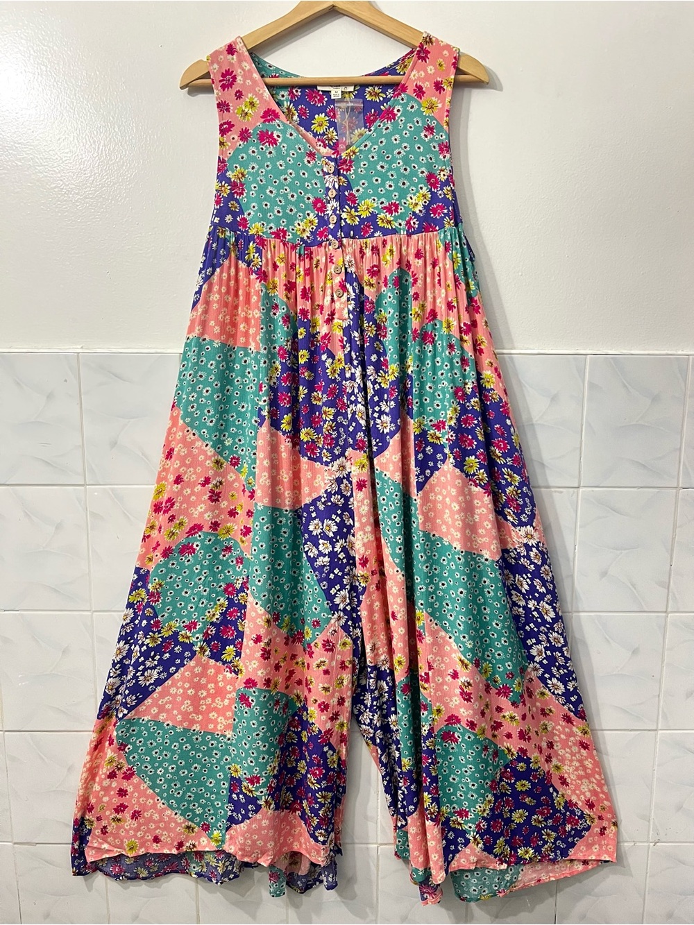 Easel Floral Patchwork Boho Wide Leg Romper Jumpsuit Oversized M Cottage Hippie
